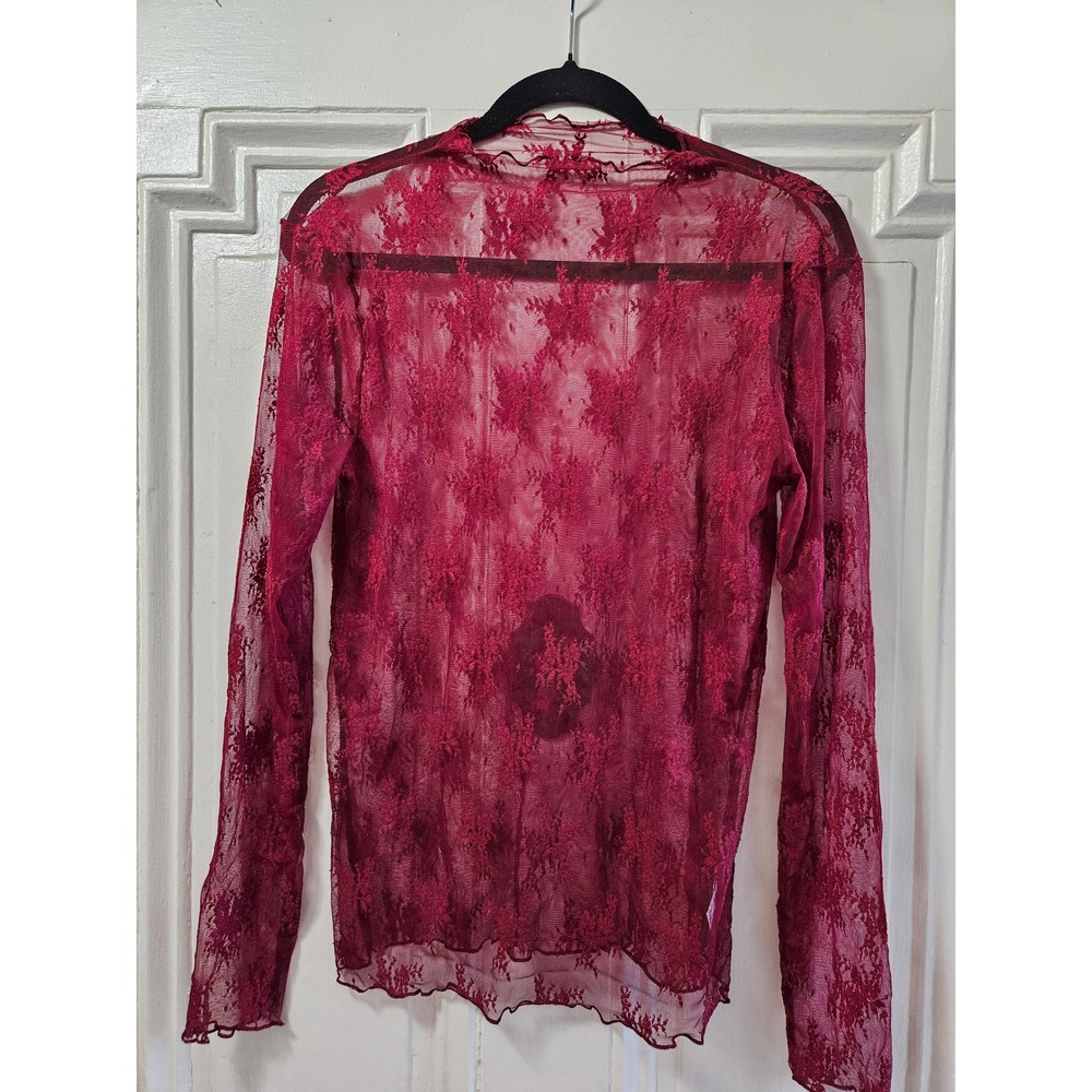 Zenana Women Burgundy Sheer Floral Lace Long Sleeve Mock Neck Top LT-6343 Large